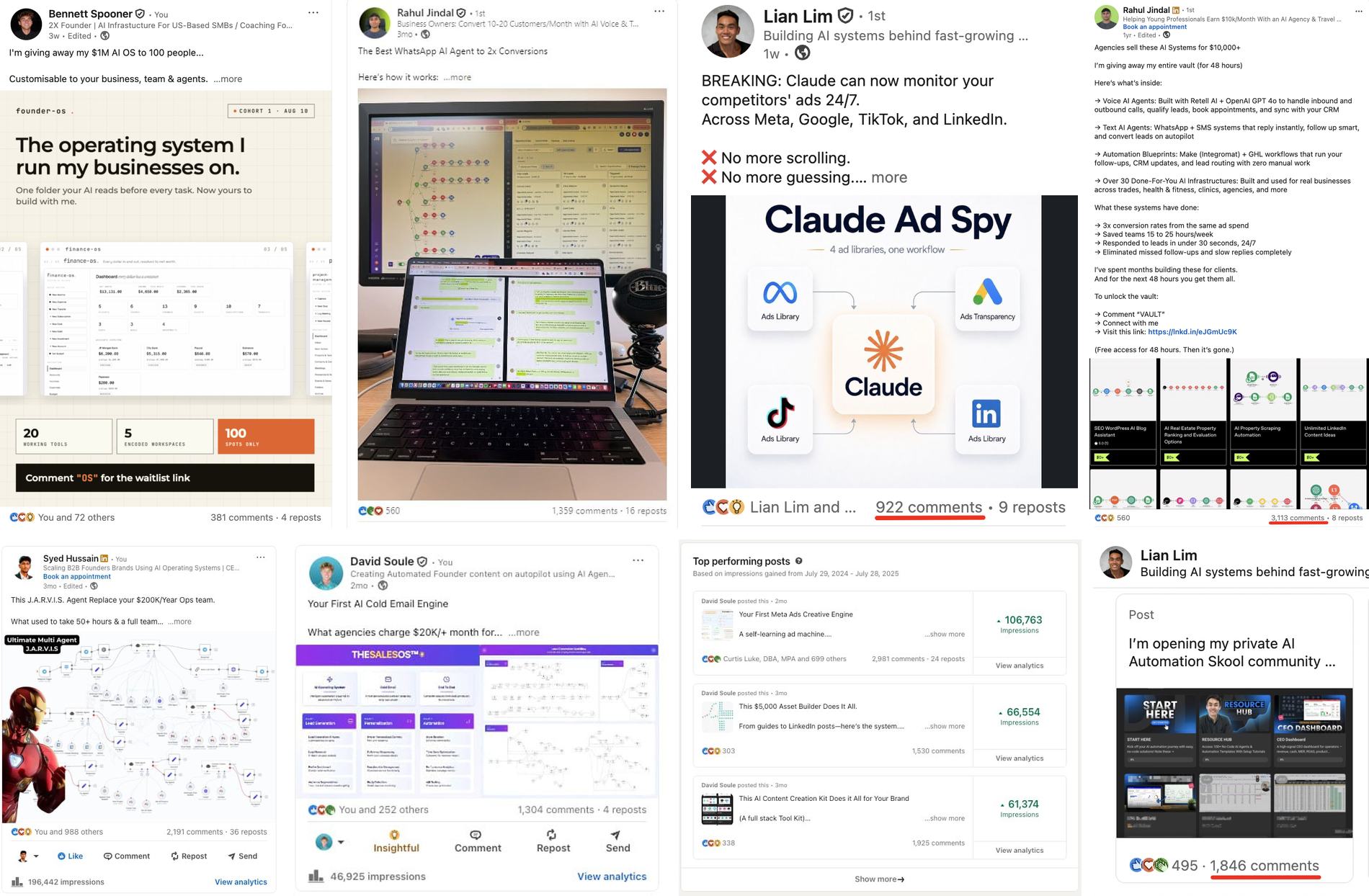 A collage of eight viral LinkedIn posts, each built around a graphic from the AI design system