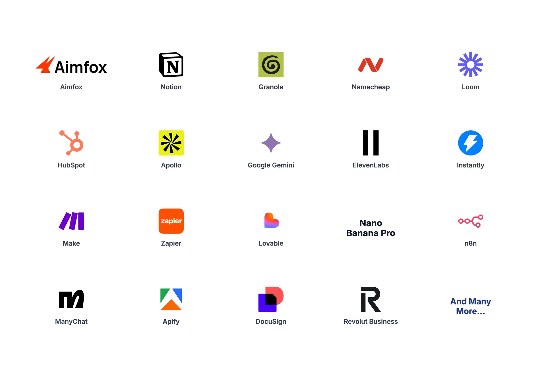 Partner tools included: Aimfox, Notion, Granola, Namecheap, Loom, HubSpot, Apollo, Google Gemini, ElevenLabs, Instantly, Make, Zapier, Lovable, Nano Banana Pro, n8n, ManyChat, Apify, DocuSign and Revolut Business