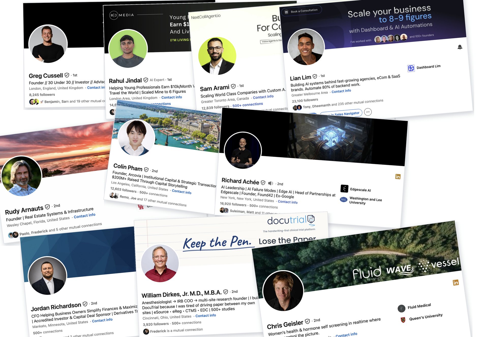 Ten client LinkedIn profiles across AI agencies, capital raising and other verticals, showing the different high-converting archetypes
