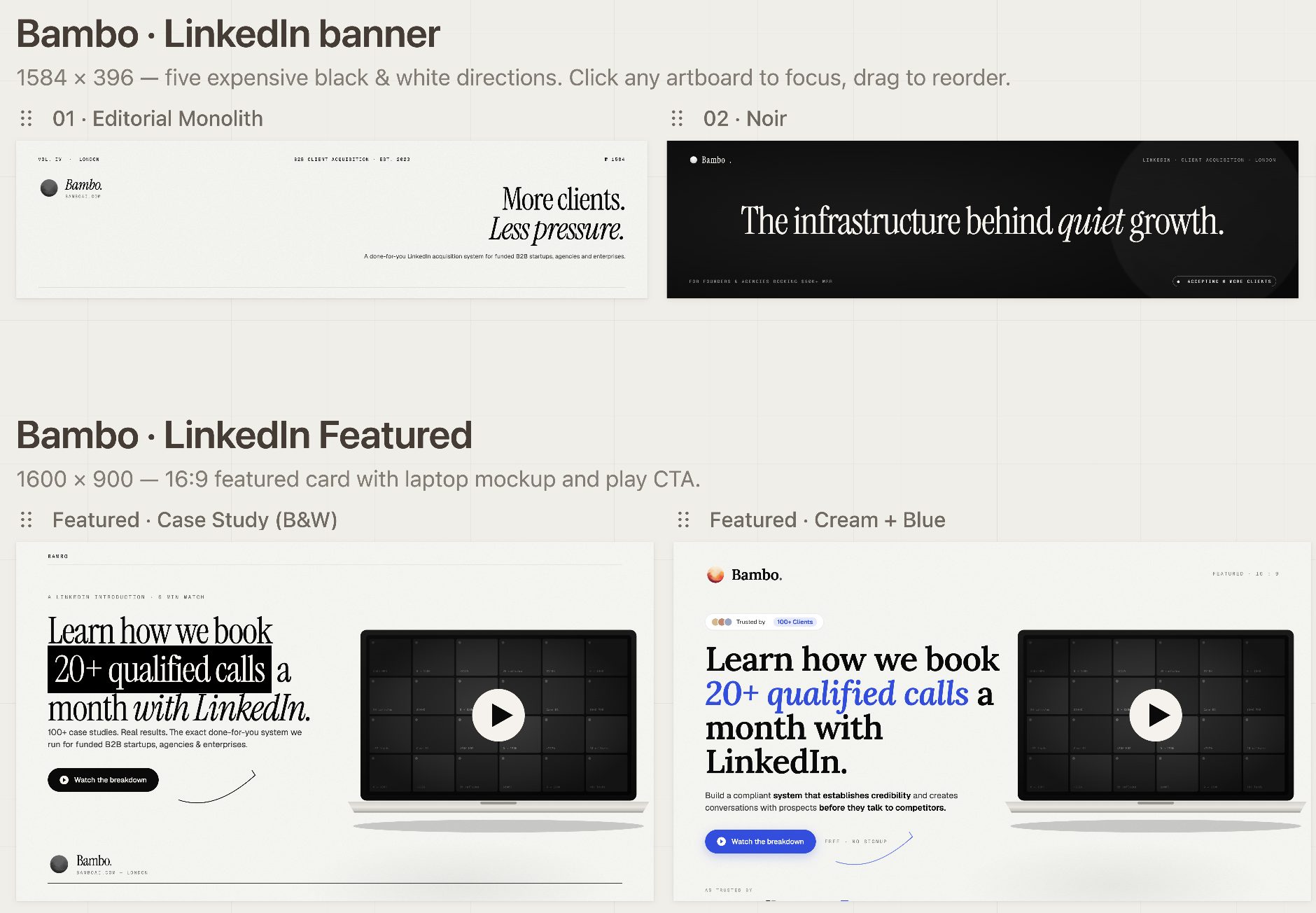 The banner and featured-card template library: five LinkedIn banner directions and two featured card layouts